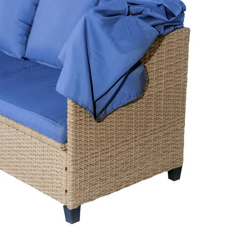 4-Pieces UV-Proof Resin Wicker Patio Sofa Set with Retractable Canopy, Cushions & Lifting Table