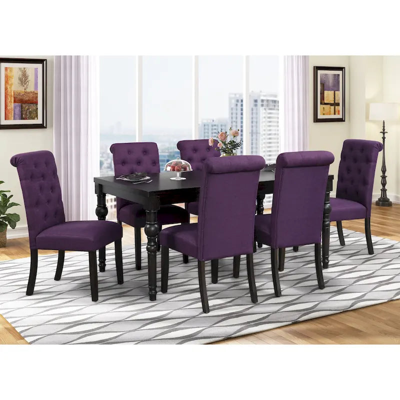 Set di tavolo e sedie da pranzo per interni, Set di tavolo e sedie da pranzo rustici in stile coloniale con gambe tornite e schienale capitonné