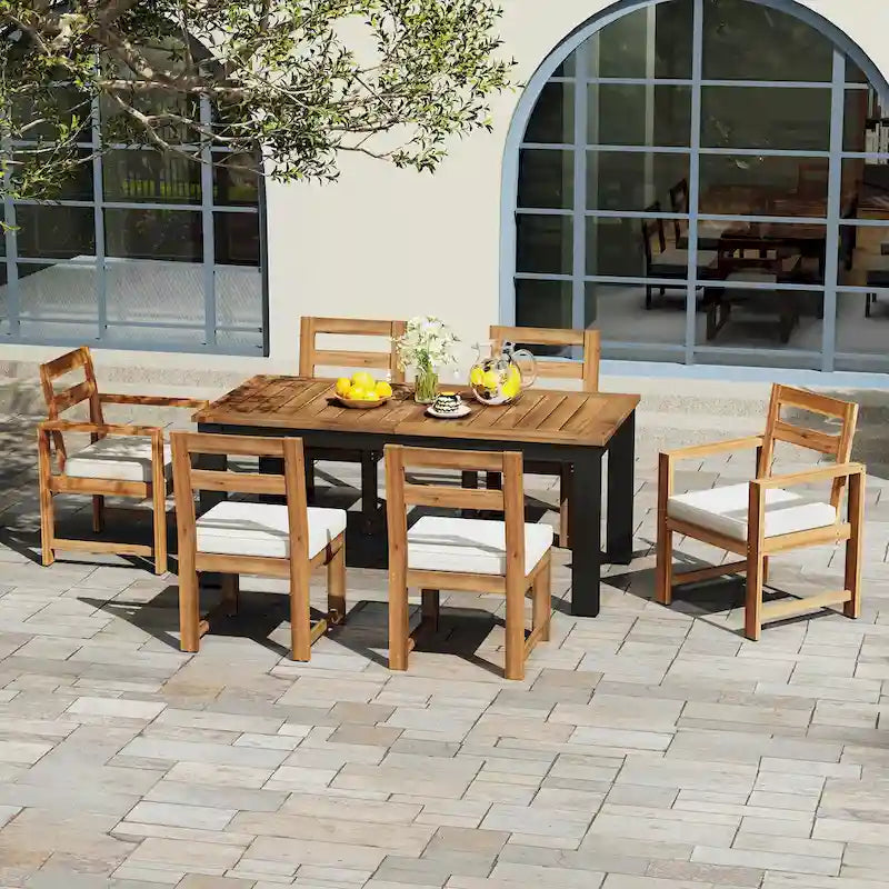Set da pranzo rettangolare da 7 pezzi per esterni con 2 poltrone, 4 sedie, foro per ombrellone, cuscini rimovibili