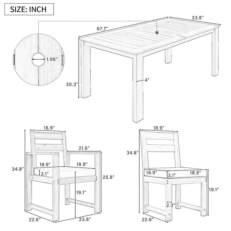 Set da pranzo rettangolare da 7 pezzi per esterni con 2 poltrone, 4 sedie, foro per ombrellone, cuscini rimovibili