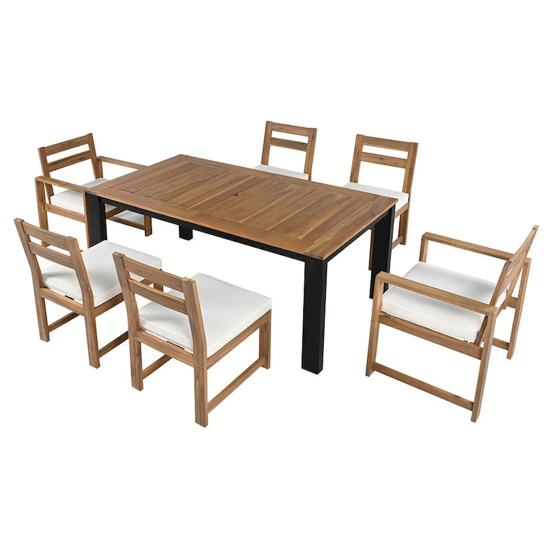 Set da pranzo rettangolare da 7 pezzi per esterni con 2 poltrone, 4 sedie, foro per ombrellone, cuscini rimovibili