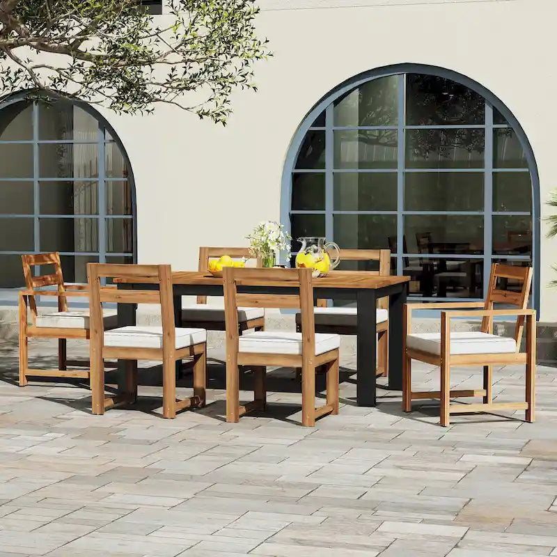 Set da pranzo rettangolare da 7 pezzi per esterni con 2 poltrone, 4 sedie, foro per ombrellone, cuscini rimovibili