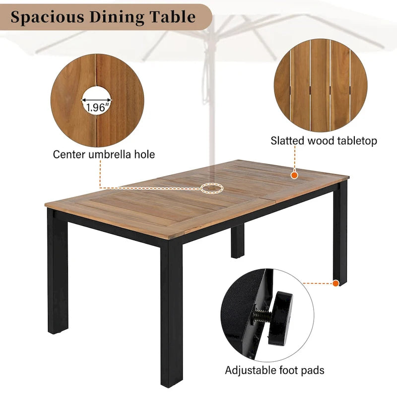 Set da pranzo rettangolare da 7 pezzi per esterni con 2 poltrone, 4 sedie, foro per ombrellone, cuscini rimovibili