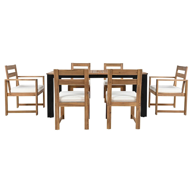Set da pranzo rettangolare da 7 pezzi per esterni con 2 poltrone, 4 sedie, foro per ombrellone, cuscini rimovibili