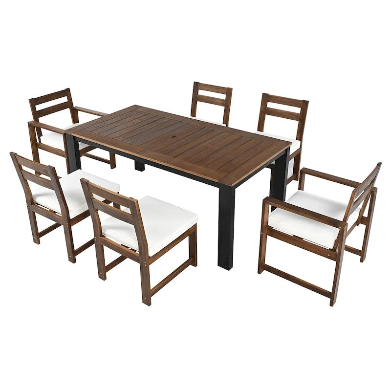Set da pranzo rettangolare da 7 pezzi per esterni con 2 poltrone, 4 sedie, foro per ombrellone, cuscini rimovibili