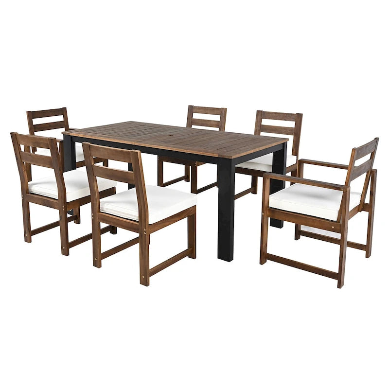 Set da pranzo rettangolare da 7 pezzi per esterni con 2 poltrone, 4 sedie, foro per ombrellone, cuscini rimovibili