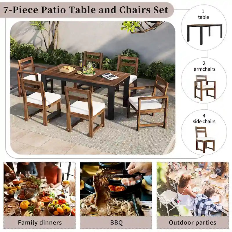 Set da pranzo rettangolare da 7 pezzi per esterni con 2 poltrone, 4 sedie, foro per ombrellone, cuscini rimovibili