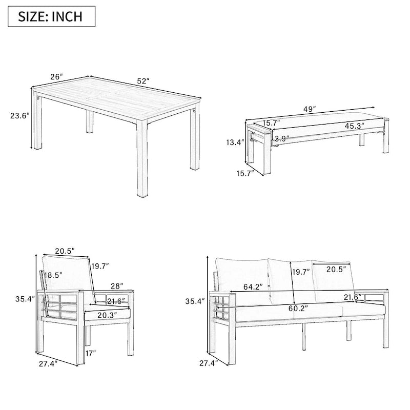 5-Piece Outdoor Patio Iron Conversation Sofa Set with Coffee Table and Bench