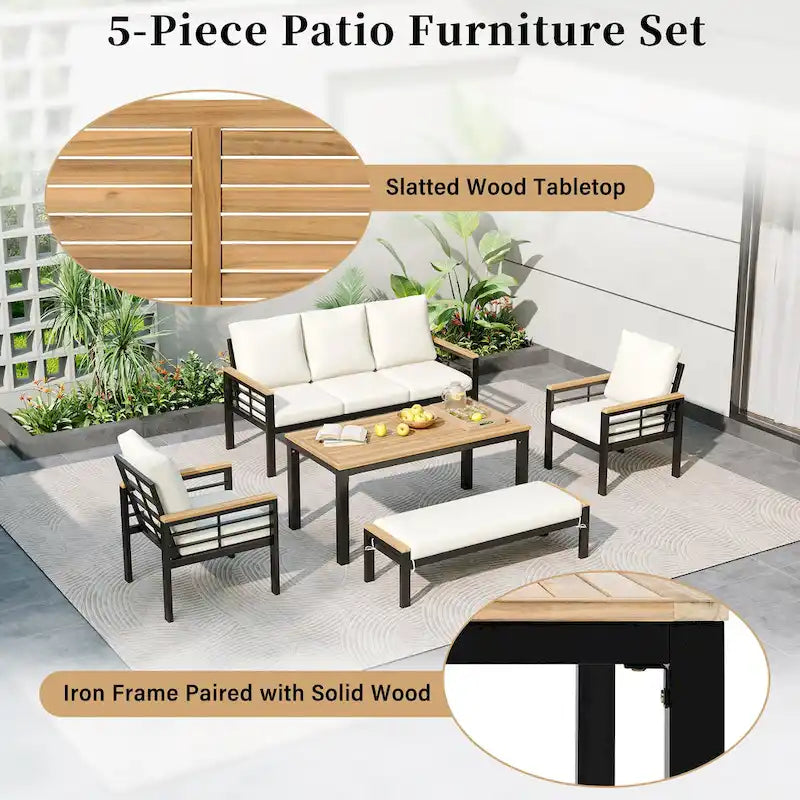 5-Piece Outdoor Patio Iron Conversation Sofa Set with Coffee Table and Bench