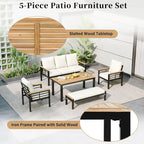 5-Piece Outdoor Patio Iron Conversation Sofa Set with Coffee Table and Bench