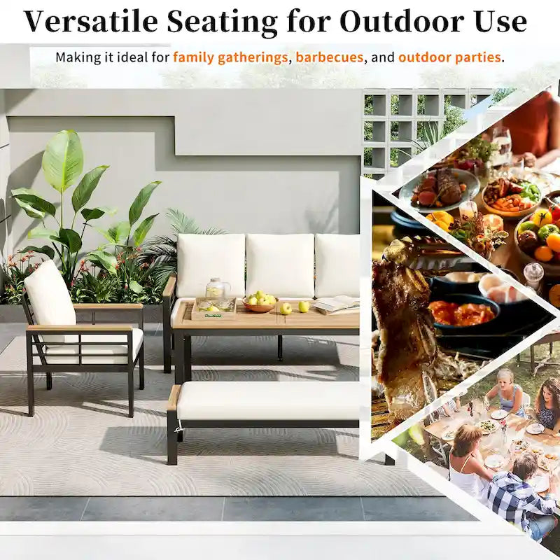 5-Piece Outdoor Patio Iron Conversation Sofa Set with Coffee Table and Bench