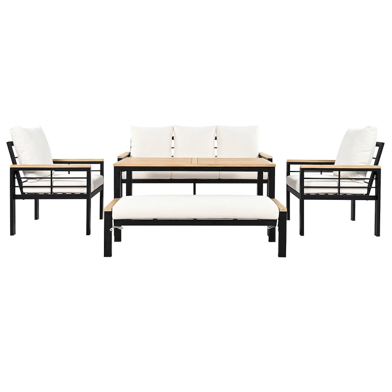 5-Piece Outdoor Patio Iron Conversation Sofa Set with Coffee Table and Bench