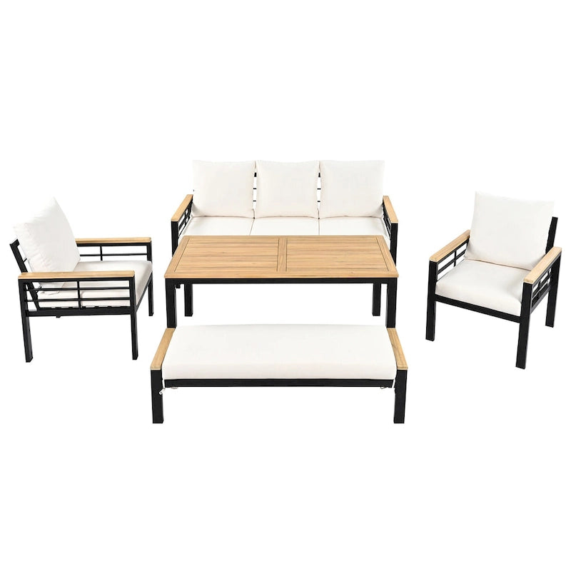 5-Piece Outdoor Patio Iron Conversation Sofa Set with Coffee Table and Bench