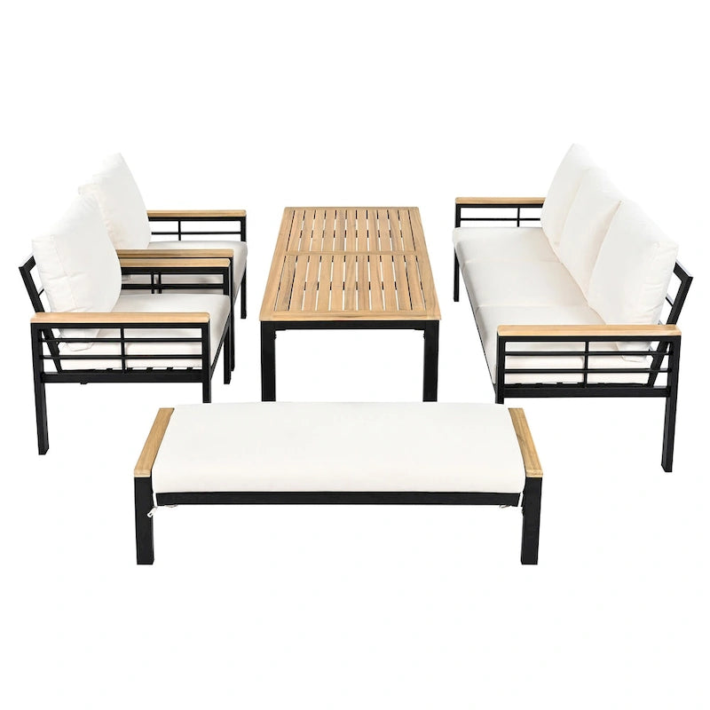 5-Piece Outdoor Patio Iron Conversation Sofa Set with Coffee Table and Bench