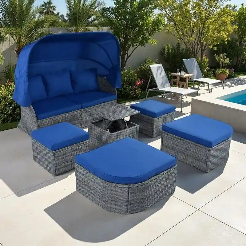 Set 6 Pezzi Letto da Giorno Rotondo in Rattan per Esterni con Baldacchino Retrattile e Tavolo Sollevabile