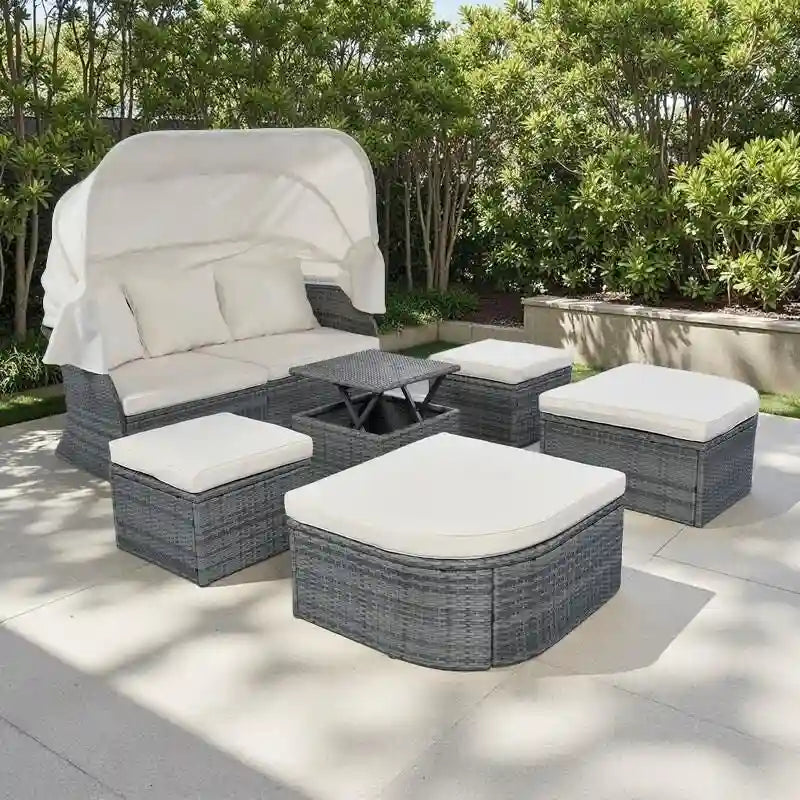 Set 6 Pezzi Letto da Giorno Rotondo in Rattan per Esterni con Baldacchino Retrattile e Tavolo Sollevabile