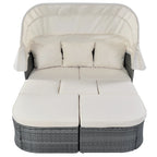 Set 6 Pezzi Letto da Giorno Rotondo in Rattan per Esterni con Baldacchino Retrattile e Tavolo Sollevabile