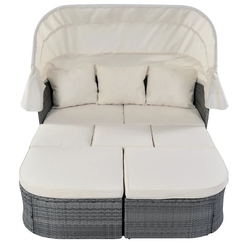 Set 6 Pezzi Letto da Giorno Rotondo in Rattan per Esterni con Baldacchino Retrattile e Tavolo Sollevabile