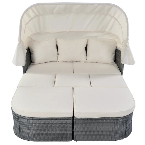 Set 6 Pezzi Letto da Giorno Rotondo in Rattan per Esterni con Baldacchino Retrattile e Tavolo Sollevabile