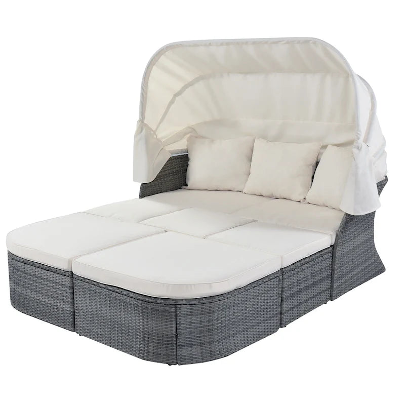 Set 6 Pezzi Letto da Giorno Rotondo in Rattan per Esterni con Baldacchino Retrattile e Tavolo Sollevabile