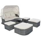 Set 6 Pezzi Letto da Giorno Rotondo in Rattan per Esterni con Baldacchino Retrattile e Tavolo Sollevabile