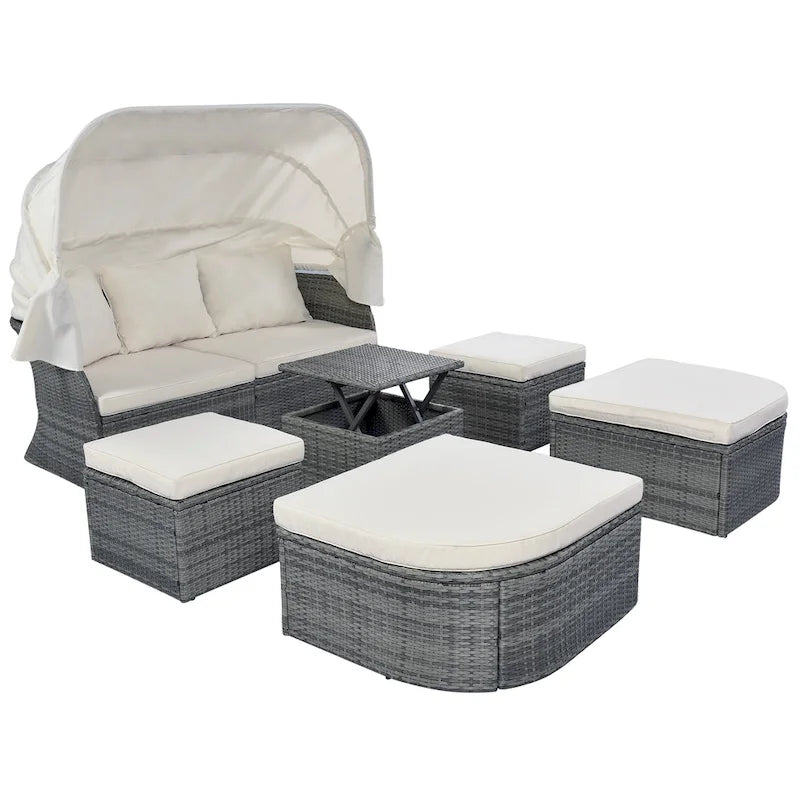Set 6 Pezzi Letto da Giorno Rotondo in Rattan per Esterni con Baldacchino Retrattile e Tavolo Sollevabile