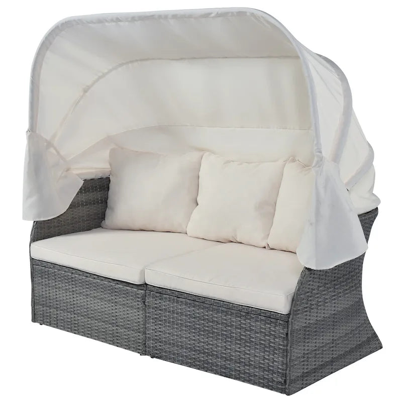 Set 6 Pezzi Letto da Giorno Rotondo in Rattan per Esterni con Baldacchino Retrattile e Tavolo Sollevabile