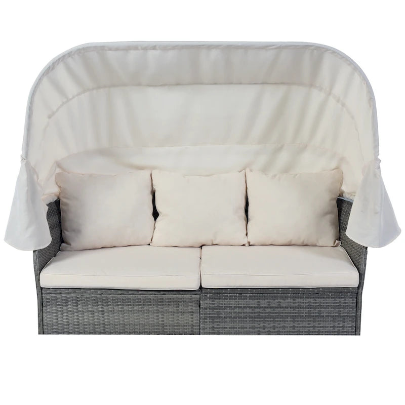 Set 6 Pezzi Letto da Giorno Rotondo in Rattan per Esterni con Baldacchino Retrattile e Tavolo Sollevabile
