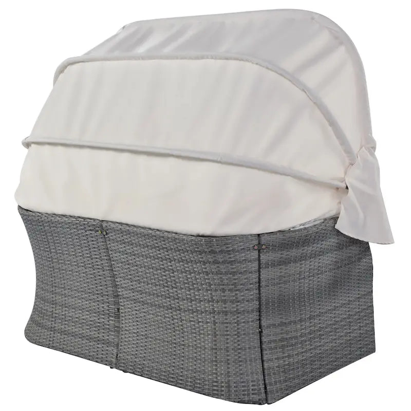 Set 6 Pezzi Letto da Giorno Rotondo in Rattan per Esterni con Baldacchino Retrattile e Tavolo Sollevabile