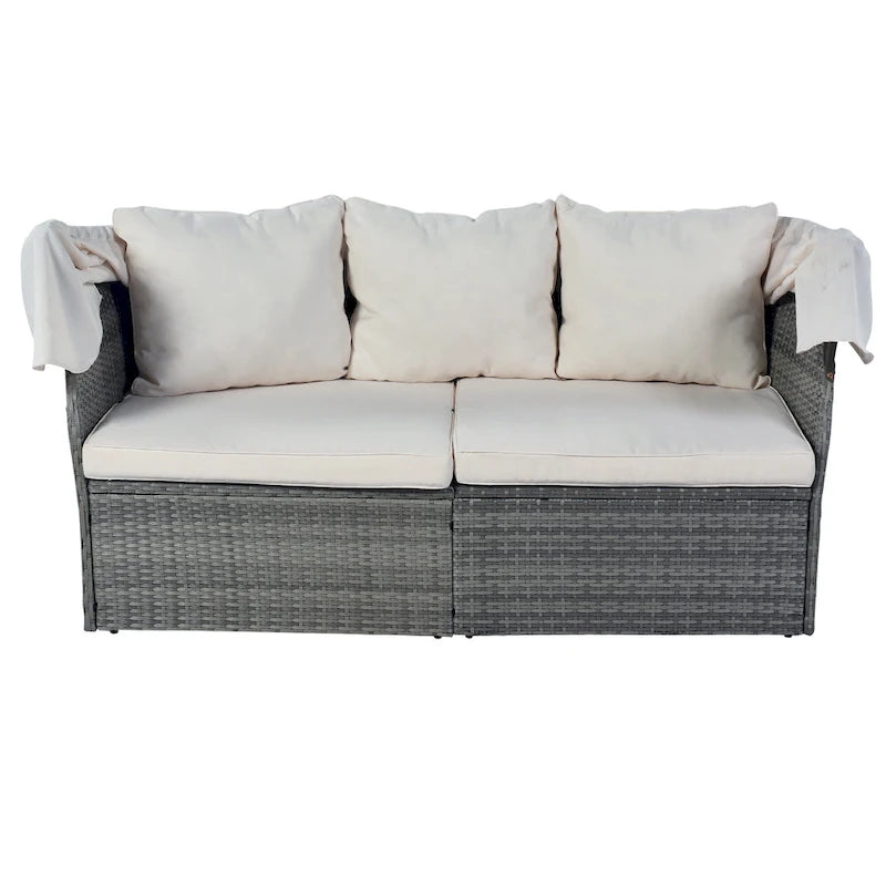 Set 6 Pezzi Letto da Giorno Rotondo in Rattan per Esterni con Baldacchino Retrattile e Tavolo Sollevabile