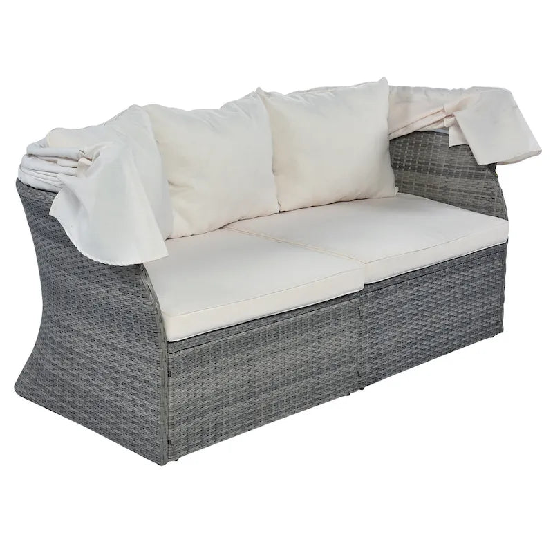 Set 6 Pezzi Letto da Giorno Rotondo in Rattan per Esterni con Baldacchino Retrattile e Tavolo Sollevabile