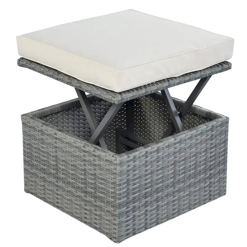 Set 6 Pezzi Letto da Giorno Rotondo in Rattan per Esterni con Baldacchino Retrattile e Tavolo Sollevabile