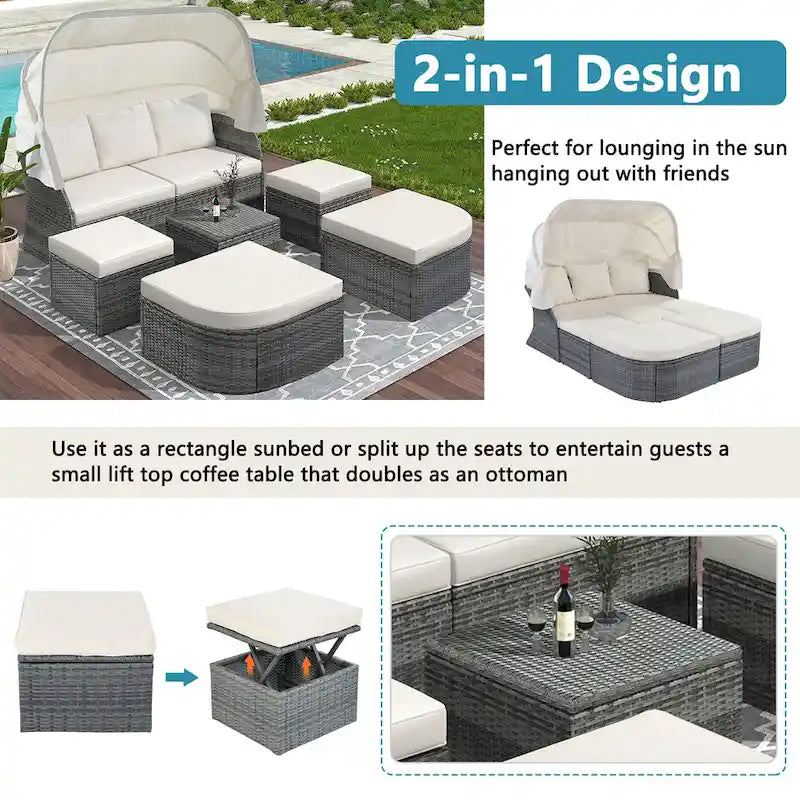 Set 6 Pezzi Letto da Giorno Rotondo in Rattan per Esterni con Baldacchino Retrattile e Tavolo Sollevabile