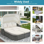 Set 6 Pezzi Letto da Giorno Rotondo in Rattan per Esterni con Baldacchino Retrattile e Tavolo Sollevabile