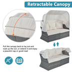 Set 6 Pezzi Letto da Giorno Rotondo in Rattan per Esterni con Baldacchino Retrattile e Tavolo Sollevabile
