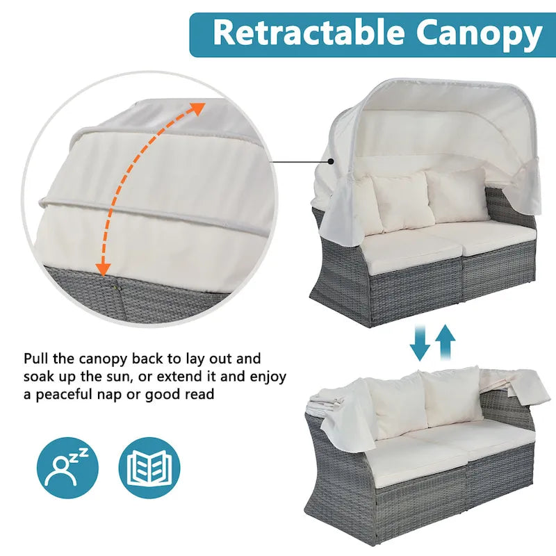 Set 6 Pezzi Letto da Giorno Rotondo in Rattan per Esterni con Baldacchino Retrattile e Tavolo Sollevabile