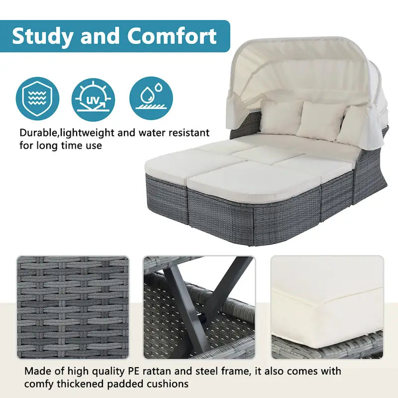 Set 6 Pezzi Letto da Giorno Rotondo in Rattan per Esterni con Baldacchino Retrattile e Tavolo Sollevabile