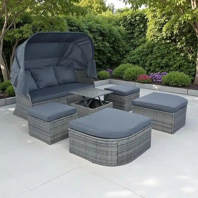 Set 6 Pezzi Letto da Giorno Rotondo in Rattan per Esterni con Baldacchino Retrattile e Tavolo Sollevabile