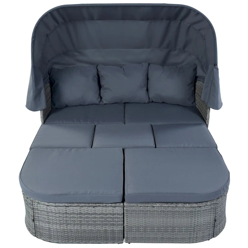 Set 6 Pezzi Letto da Giorno Rotondo in Rattan per Esterni con Baldacchino Retrattile e Tavolo Sollevabile