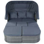 Set 6 Pezzi Letto da Giorno Rotondo in Rattan per Esterni con Baldacchino Retrattile e Tavolo Sollevabile