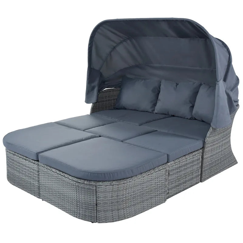 Set 6 Pezzi Letto da Giorno Rotondo in Rattan per Esterni con Baldacchino Retrattile e Tavolo Sollevabile