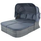 Set 6 Pezzi Letto da Giorno Rotondo in Rattan per Esterni con Baldacchino Retrattile e Tavolo Sollevabile