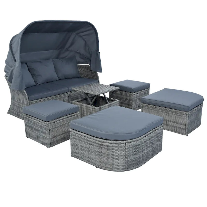 Set 6 Pezzi Letto da Giorno Rotondo in Rattan per Esterni con Baldacchino Retrattile e Tavolo Sollevabile