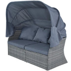 Set 6 Pezzi Letto da Giorno Rotondo in Rattan per Esterni con Baldacchino Retrattile e Tavolo Sollevabile