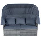 Set 6 Pezzi Letto da Giorno Rotondo in Rattan per Esterni con Baldacchino Retrattile e Tavolo Sollevabile