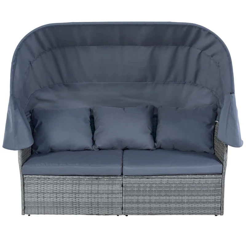 Set 6 Pezzi Letto da Giorno Rotondo in Rattan per Esterni con Baldacchino Retrattile e Tavolo Sollevabile