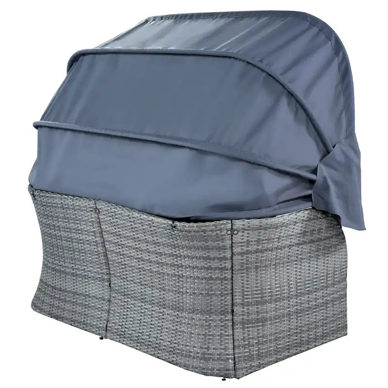 Set 6 Pezzi Letto da Giorno Rotondo in Rattan per Esterni con Baldacchino Retrattile e Tavolo Sollevabile