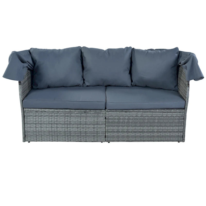Set 6 Pezzi Letto da Giorno Rotondo in Rattan per Esterni con Baldacchino Retrattile e Tavolo Sollevabile