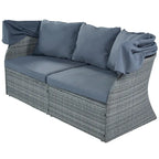 Set 6 Pezzi Letto da Giorno Rotondo in Rattan per Esterni con Baldacchino Retrattile e Tavolo Sollevabile
