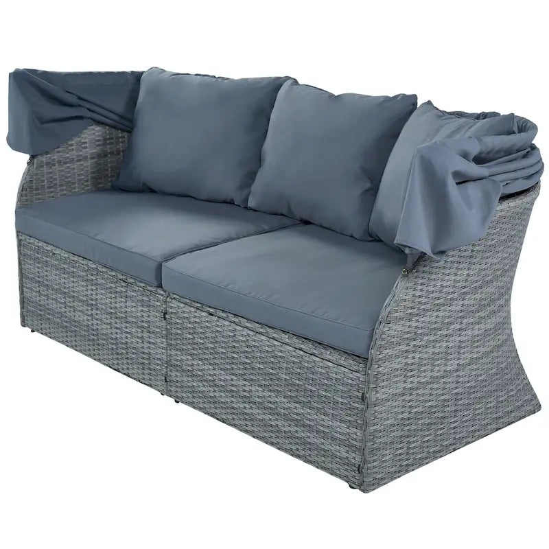 Set 6 Pezzi Letto da Giorno Rotondo in Rattan per Esterni con Baldacchino Retrattile e Tavolo Sollevabile
